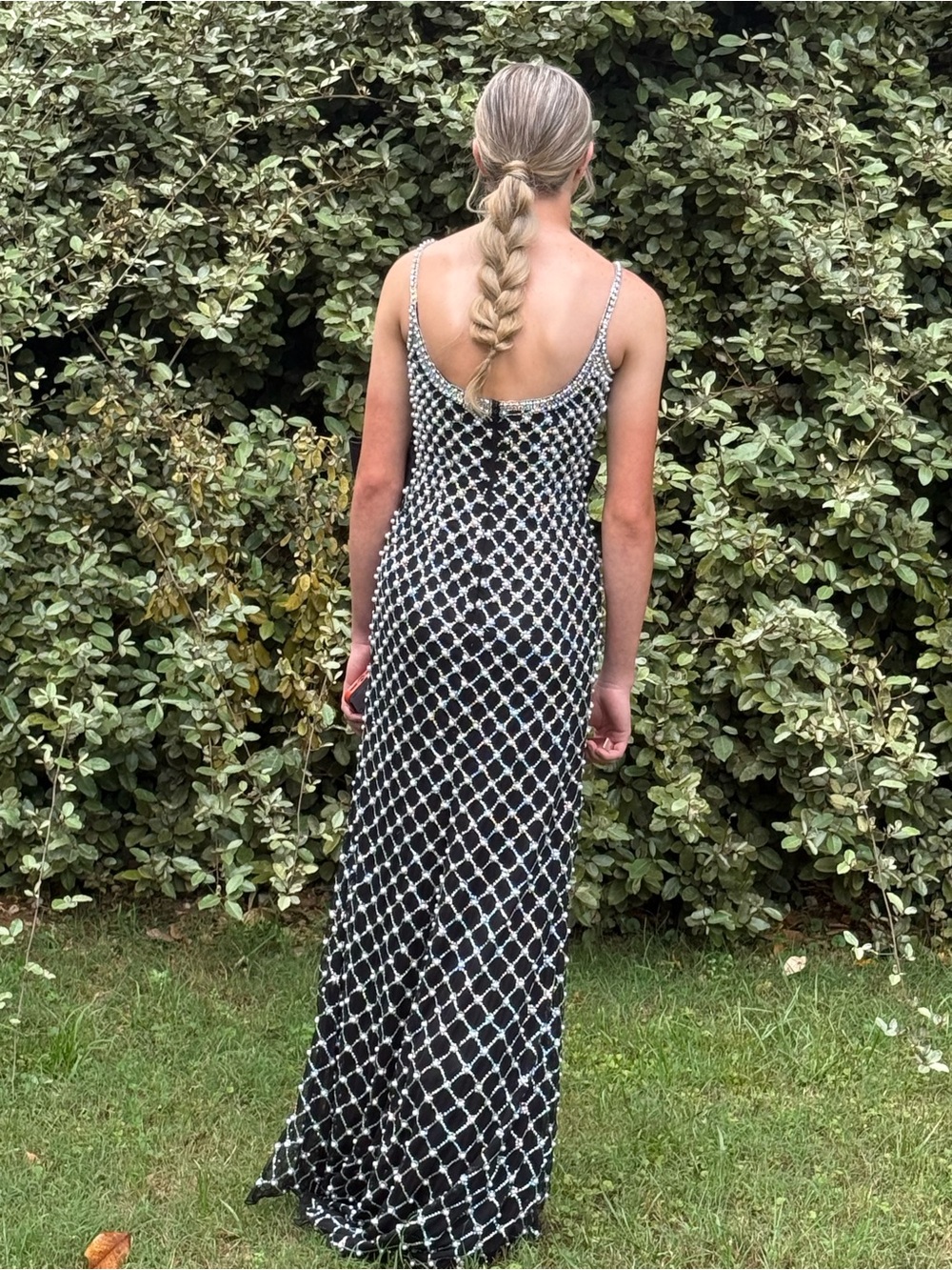Sherri Hill Black Bead and Pearl Formal Dress with Bow 57549 - Picture 2 of 2